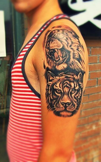 Dos feroces cabezas de tigre tatuadas en el brazo de este chico