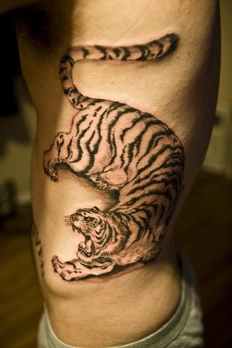 Un tigre fiero tatuada en el costado