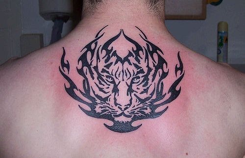 La cabeza de un tigre de estilo tribal tatuada en la parte alta de la espalda