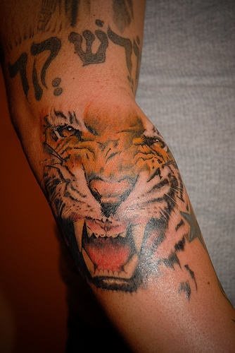 El rostro enfurecido de un tigre tatuado en el antebrazo